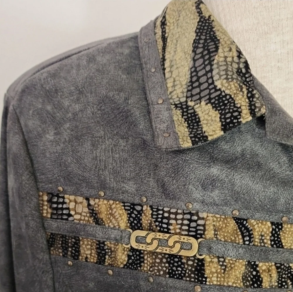 Nancy Bolen Jacket Faux Suede with Animal Print Accents Green Plus Size 14